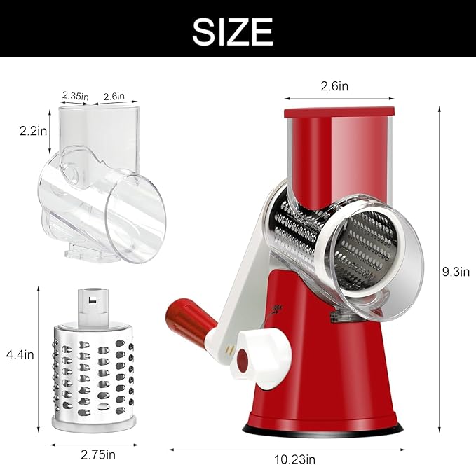 Cambom Rotary Cheese Grater Hand Crank Cheese Shredder for Fresh Cheese, Vegetable, Nuts,Non-slip Suction Base，Three Blades,Red