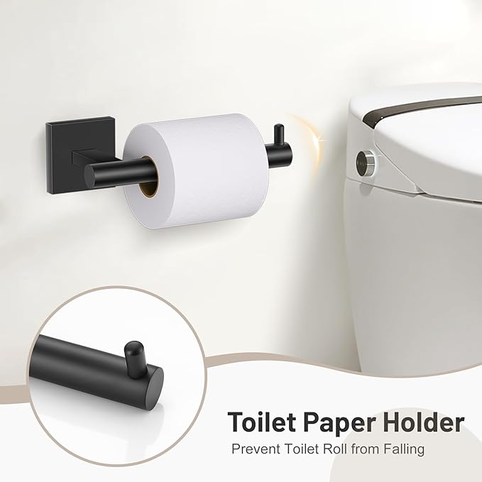 Towel Ring Set 4 Piece Bathroom Hardware Set Includes Towel Ring 2 Towel Hooks and Toilet Paper Holder Stainless Steel Wall Mounted (Matte Black)