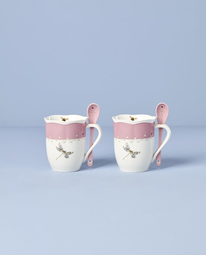 Lenox 897803 Butterfly Meadow Color Mugs With Spoons, Set Of 2, Pink