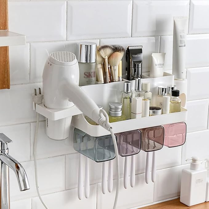 Toothbrush Rack Wall Mounted Toothbrush Holder with Mouthwash Cup for Storage Rack Bathroom Accessory Rack with Toothpaste Squeezer Kit Bathroom Toothbrush Holder(A)