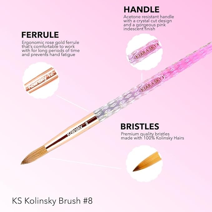 Kiara Sky Kolinsky Acrylic Nail Brush #8 – Pure Kolinsky Sable Hair, Pink Crystal Handle, Acetone Resistant, for Acrylic Application, Extensions & 3D Nail Art