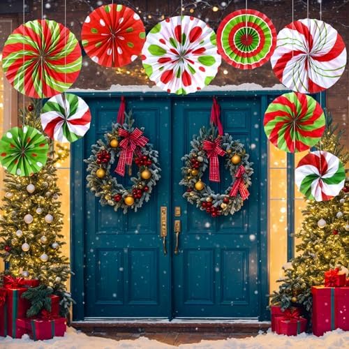 Outus 18 Pcs Peppermint Paper Fans Christmas Decor Red and Green