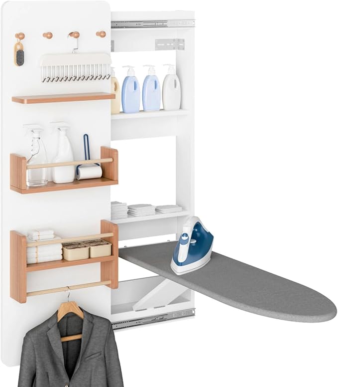 Kikihouse Wall Mounted Ironing Board Cabinet with Storage, Foldable Wall Ironing Board with Sliding Door, Wall Mount Space Saving Ironing Station for Laundry Room, Living Room, Entrance