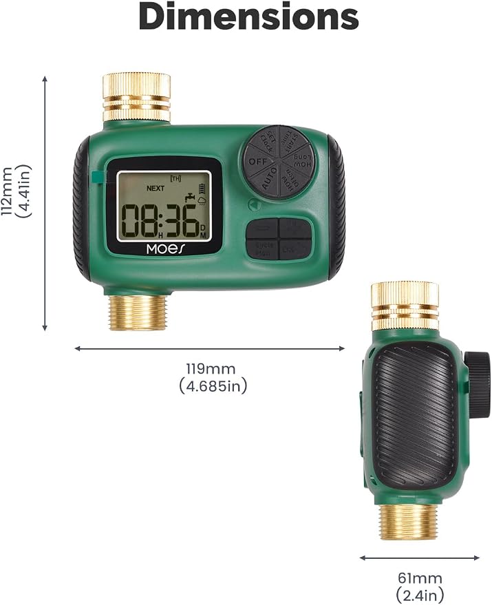 MOES Sprinkler Timer, Brass Inlet & Outlet Water Hose Timers, Programmable Automatic Irrigation Controller, Rain Delay, Manual Watering, 1 Zone Water Hose Timers for Gardens, Lawns, and Hose Systems
