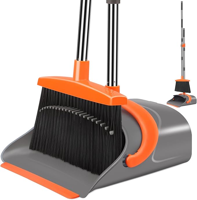 Broom and Dustpan Set for Home, 2 Set Broom and Dustpan Combo Set Orange&Green