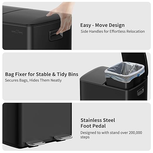 mVm Dual Trash Can, 10.6 Gal (2x5.3Gal) Wide Type Kitchen Trash Can with Thick Lids, 2 Compartment Recycling Bin Combo for Kitchen Office (Black)