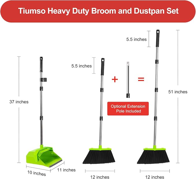 Tiumso Upgrade Broom with Dustpan Combo Set, Broom and Dustpan Set with 51'' Long Handle, Large Upright Brooms and Dust Pans, ZeroGap Lip, Self-Cleaning Teeth for Lobby and Restaurant - Light Green