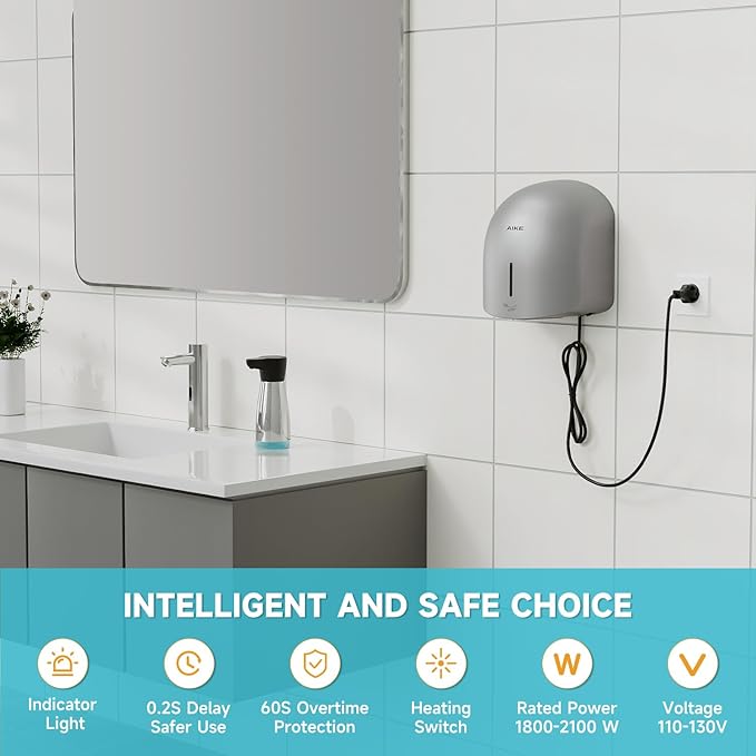 AIKE GentleAir Warm Hand Dryer,Low Noise Perfect for Home Bathrooms,Silver Cover AC110V-130V,Model AK2637