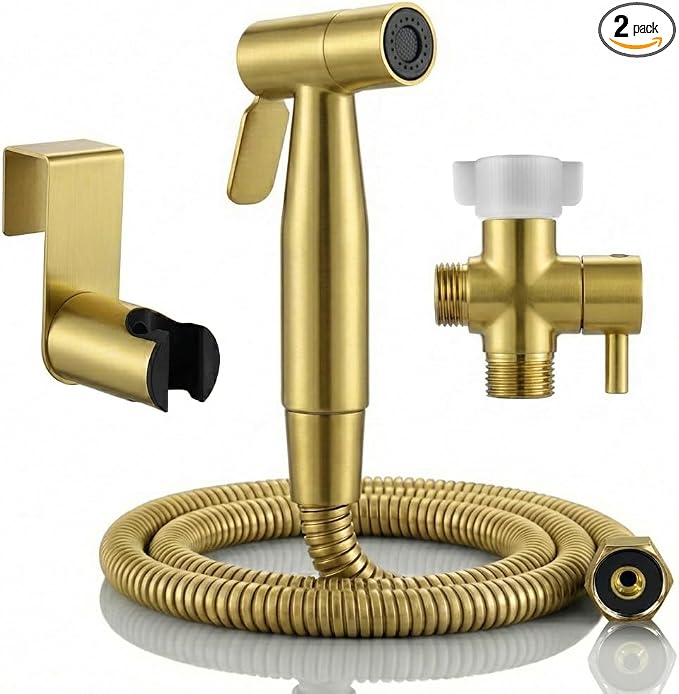 BARROCK Handheld Bidet Sprayer for Toilet, 2 Pack Bidets Faucet for Existing Toilets Cloth Diaper Jet Sprayer, Stainless Steel Muslim Shower Brushed Gold Bidet Attachment Set for Baby/Feminine Wash