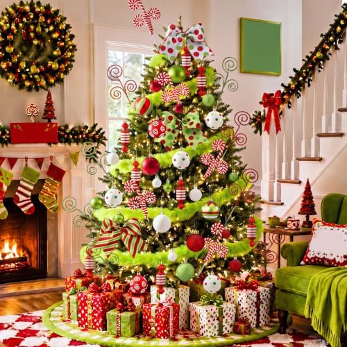 59 Pcs Christmas Tree Decorations Peppermint Candy Ornaments Candy Cane Tree Picks Xmas Balls Bow Lime Green Garland Christmas Hanging Ornaments for Xmas Home Office Decorations
