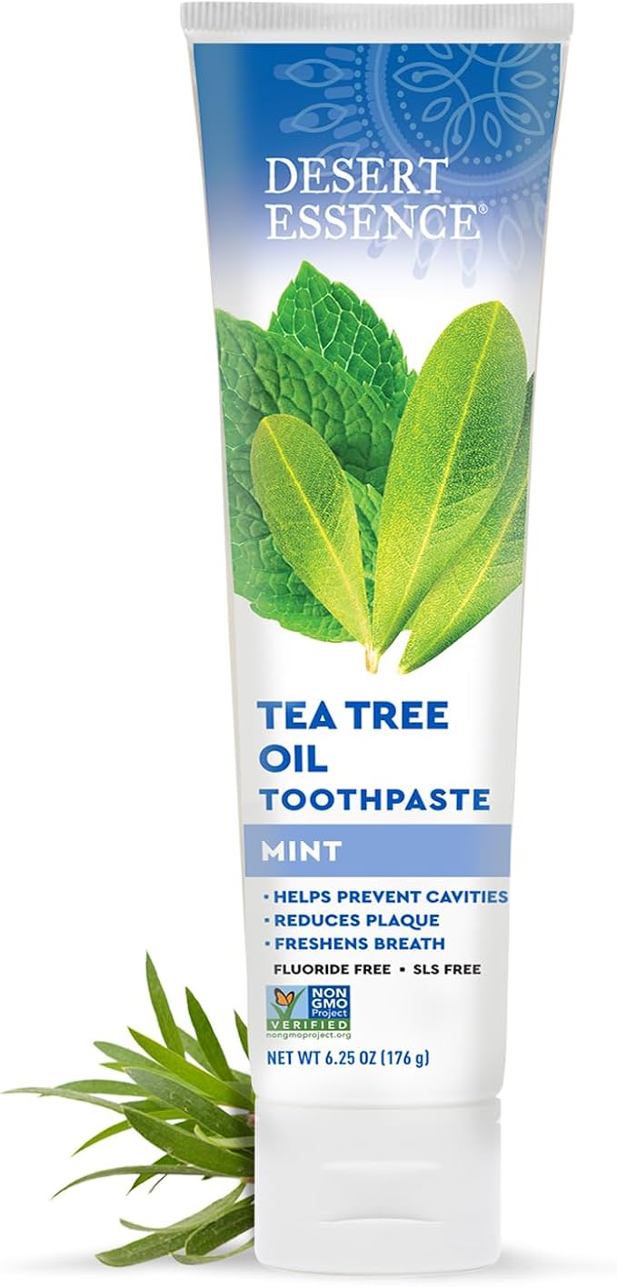 Desert Essence Tea Tree Oil Mint Toothpaste, Fluoride Free, 6.25 oz | Baking soda and sea salt help clean teeth and reduce surface buildup; SLS-free formula freshens breath