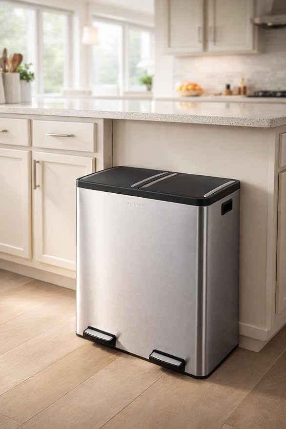 Step N' Sort The 18.5 Gallon Extra Large Capacity, Soft-Step, Dual Trash and Recycling Bin with Removable Inner Bins, Silver