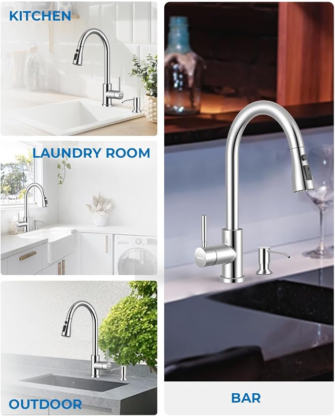 WEWE Kitchen Faucet with Pull Down Sprayer and Soap Dispenser, Polished Chrome High Arc Single Handle Stainless Steel Sink Faucet, Suitable for Farmhouse, RV & Laundry