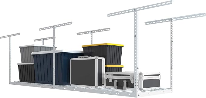 FLEXIMOUNTS 2x8 Overhead Garage Ceiling Storage Rack Organization, White | 400lbs Weight Capacity, 22"-40" Adjustable Organization System, Heavy-Duty Metal Ceiling Racks, Classic Series