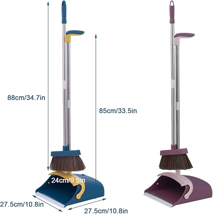Broom and Dustpan Set - Upright Standing Dust Pan and Broom Combo for Easy Sweeping - Easy Assembly Great Use for Home Kitchen Room Office Lobby,Blue