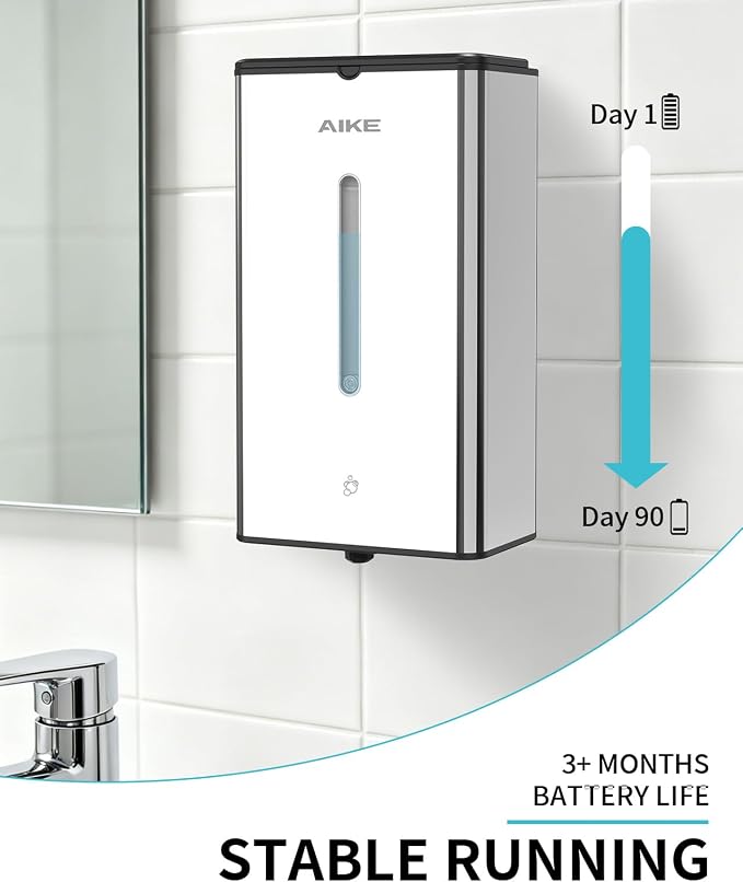 AIKE Automatic Foaming Soap Dispenser 33.8oz for Bathroom,Polished AK1207FA | Rich Foam and Steel Finish,5-Level Adjustable and Key for Commercial(Battery Not Included),Screw Wall Mount for Space-Saving