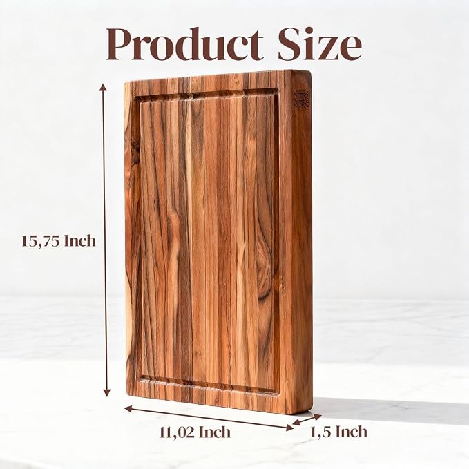 Large Teak Cutting Board 16" x 11" x 1.5" Thick Edge Grain Butcher Block for Meat & Kitchen Prep with Juice Groove and Handle, Solid Hardwood, Non Toxic Wood Cutting Board by New M Way