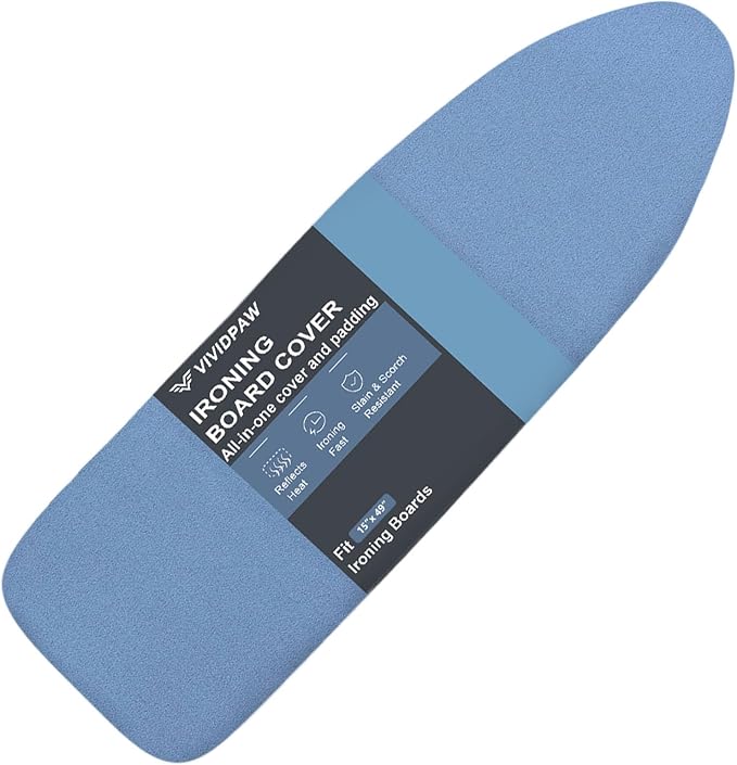 VividPaw Ironing Board Cover and Pad, 15x48,15x49, Thick Padding, Elastic Edge, Silicone Coated, Resist Scorching and Staining, Adjustable Fastener, Heavy Duty Padded Iron Board Covers