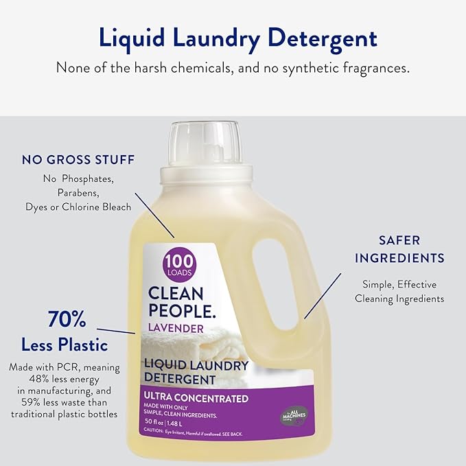The Clean People Liquid Laundry Detergent - Recyclable Packaging, Stain Fighting - Ultra Concentrated, Laundry Soap - Lavender, 200 Loads