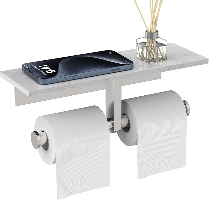 Marble Toilet Paper Holder with Shelf,Doulble Bathroom Tissue Roll Holder,304 Stainless Steel Toilet Paper Holder Wall Mounted,Modern Tissue Holder for Bathroom Washroom,Brushed Nickel