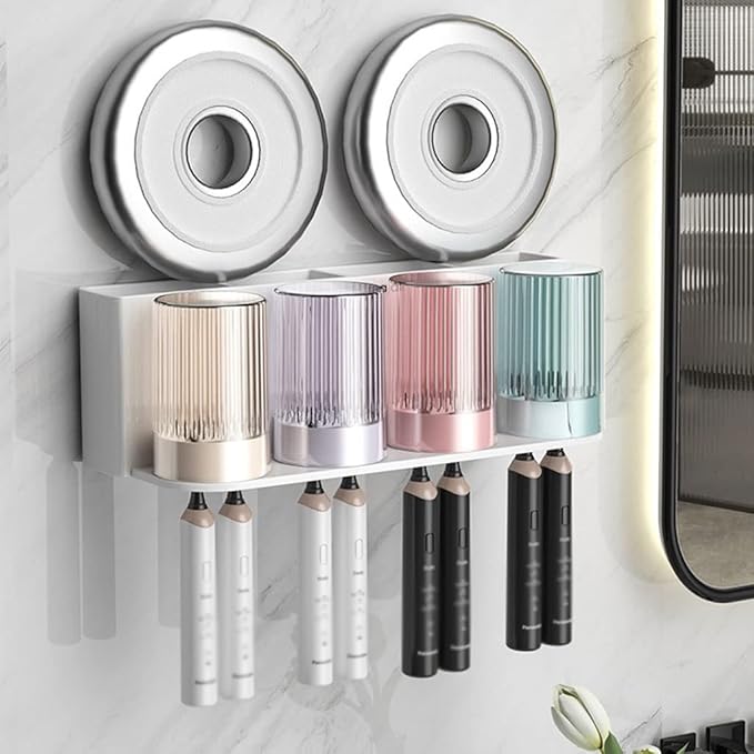 Toothbrush Rack 2PCS Wall Mounted Toothbrush Holder Storage Rack with Mouthwash Cup Automatic Toothpaste Dispenser Squeeze Kit Bathroom Toothbrush Holder(A)