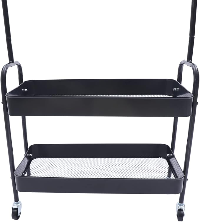 Clothing Rack, Portable Hanging Storage Organizer Garment Rack Clothing Racks with 2 Tier Basket Floor Standing Clothing Rack with Wheels for Home Bedroom Laundry (Black)