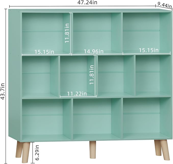 LEYAOYAO 10 Cube Bookshelf, Mid-Century Modern Book Shelf with Legs, Green | 3 Tier Bookcase, Rustic Wood Bookshelves Freestanding Large Storage Organizer, Open Shelves for Bedroom, Living Room, Office