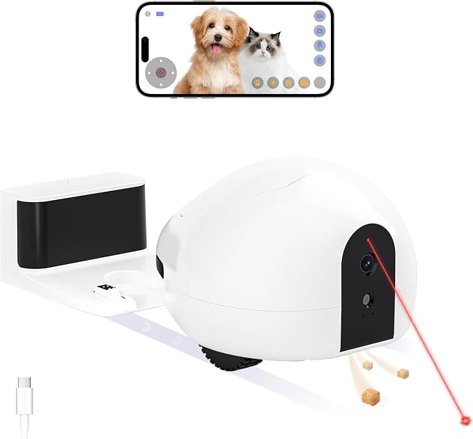 Pet Camera Robot with Treat Dispenser, Moving Cat Camera for Cats & Dogs, Remote Control Pet Monitor with 1080P HD Video, Two-Way Audio, Night Vision, Laser Toy, Auto Recharge & App Control