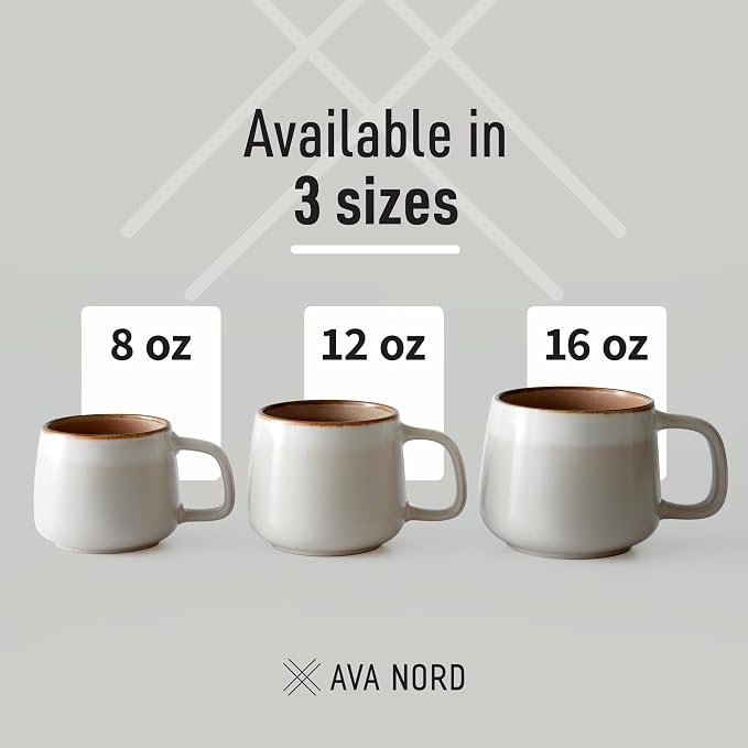 Ava Nord Stoneware Ceramic Coffee Mugs Set of 4 | 12 oz | Sage Ash | Lead-Free, Non-Toxic, Freezer - Microwave & Dishwasher Safe, Comfortable Handle, Aesthetic Nordic Design for Cappuccino