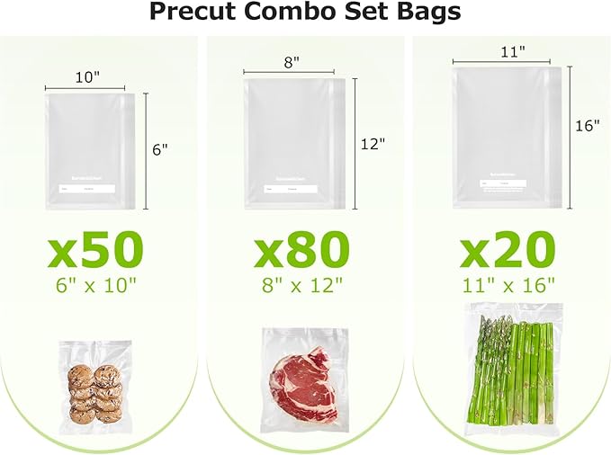Bonsenkitchen Vacuum Sealer Bags, Commercial Grade, BPA Free | 20 Gallon 11" x 16"+ 80 Quart 8" x 12"+ 50 Pint 6" x 10", Food Sealer Bags for Vac Storage, Meal Prep or Sous Vide Cooking