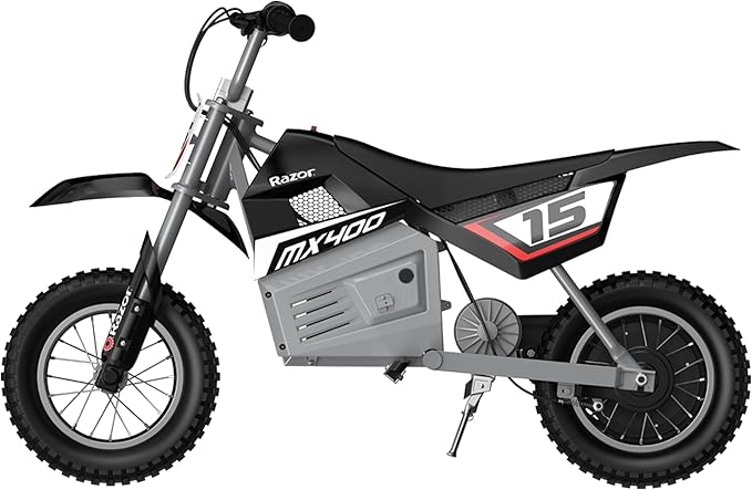 Razor MX400 Dirt Rocket Electric Bike for Kids Ages 8+, 140 lb Max Weight, Black – 24V Battery, Up to 14 Mph, 30-Min Ride Time on High Speed, Twist-Grip Throttle, Spoked Wheels w/ 12” Pneumatic Tires