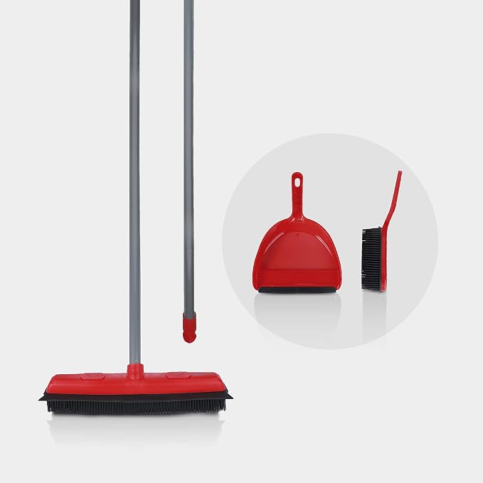 Rubber Bristle Expandable Broom Set with Dustpan & Handheld Rubber Brush for Surface Cleaning, Dust Pet Hair Removal Sofa Sweeping, Built-in Rubber Squeegee Snap, Set of 3, Red