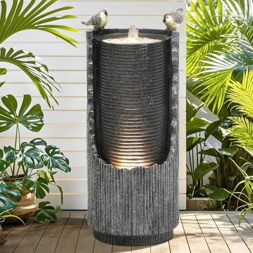 AUTODAYA 32" Bird Outdoor Fountain Distressed Fluted Column with Lights