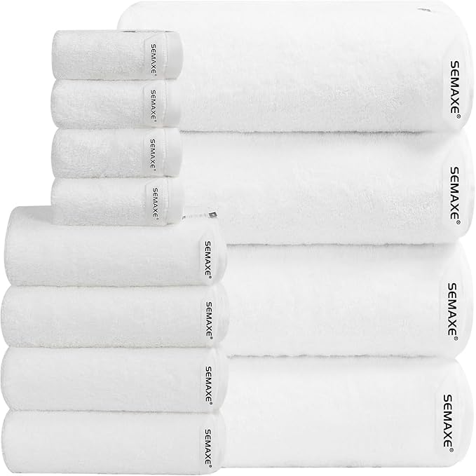 SEMAXE Bath Towel Set, 12 Piece Cotton Towel Set for Bathroom, More Towels for Family Use, Quick Dry with Hanging Loops, Easy Care, White