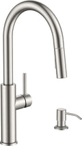 FORIOUS Kitchen Faucet with Soap Dispenser, High Arc Stainless Steel | Lead-Free, Single Handle, Brushed Nickel Pull Down Sink Faucets,1 or 3 Hole Deck Mount for RV/Bar/Laundry/Outdoor