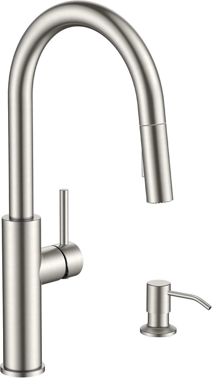 FORIOUS Kitchen Faucet with Soap Dispenser, High Arc Stainless Steel | Lead-Free, Single Handle, Brushed Nickel Pull Down Sink Faucets,1 or 3 Hole Deck Mount for RV/Bar/Laundry/Outdoor