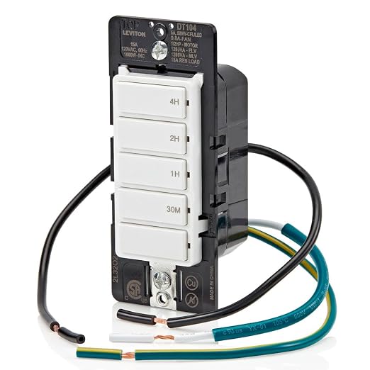 Leviton Countdown Timer Switch for household lights, heaters and exhaust fans, 30 min, 1-2-4 hour, No Neutral Wire Required, Single Pole, 15A, 1/2 HP/9.8A Fan/Motor, DT104-1LW, White