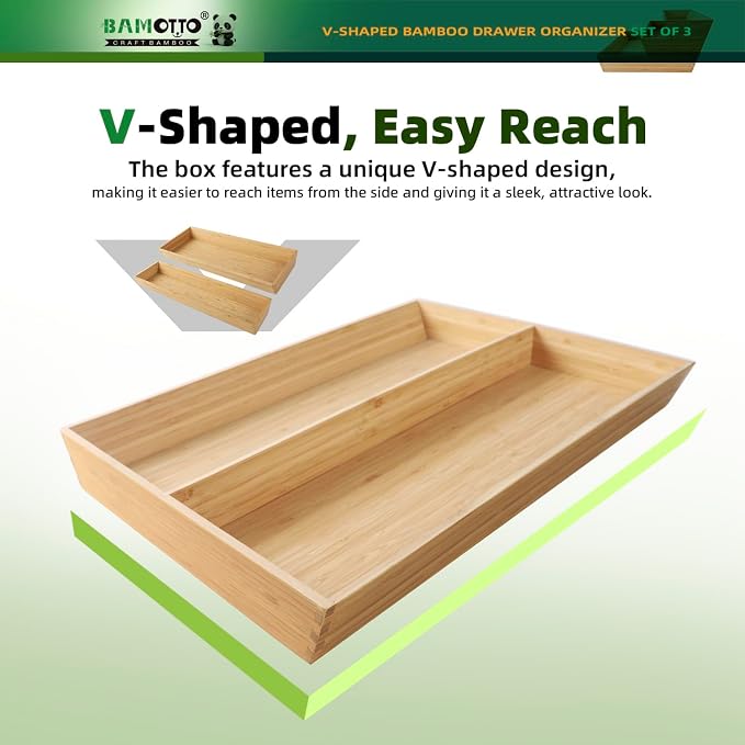 BAMOTTO CRAFTBAMBOO V-Shaped 3-Pack 19.6" Long Bamboo Drawer Organizer Box - Easy Reach Cutlery Tray for Flatware Silverware Utensil, Kitchen & Home Use (19.6"x5.7"/19.6"x7.8"/19.6"x12.4")