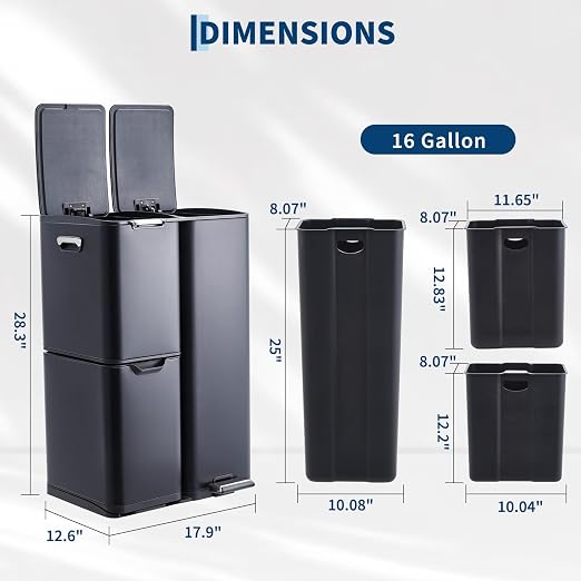 16 Gal Recycle Bins for Kitchen, Triple Compartment Garbage Can with Lid, Stainless Steel Trash and Recycling Bin Combo with Inner Bucket & Foldable Foot Pedal for Home Office, Black