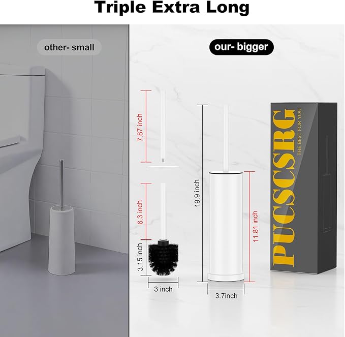 White Toilet Brush and Holder Set，Stainless Steel Heavy Duty Toilet Bowl Brush，Extra Long Handled Modern Toilet Cleaner Brush with Replaceable Head, Removable Inner Bowl, and Splash Protection