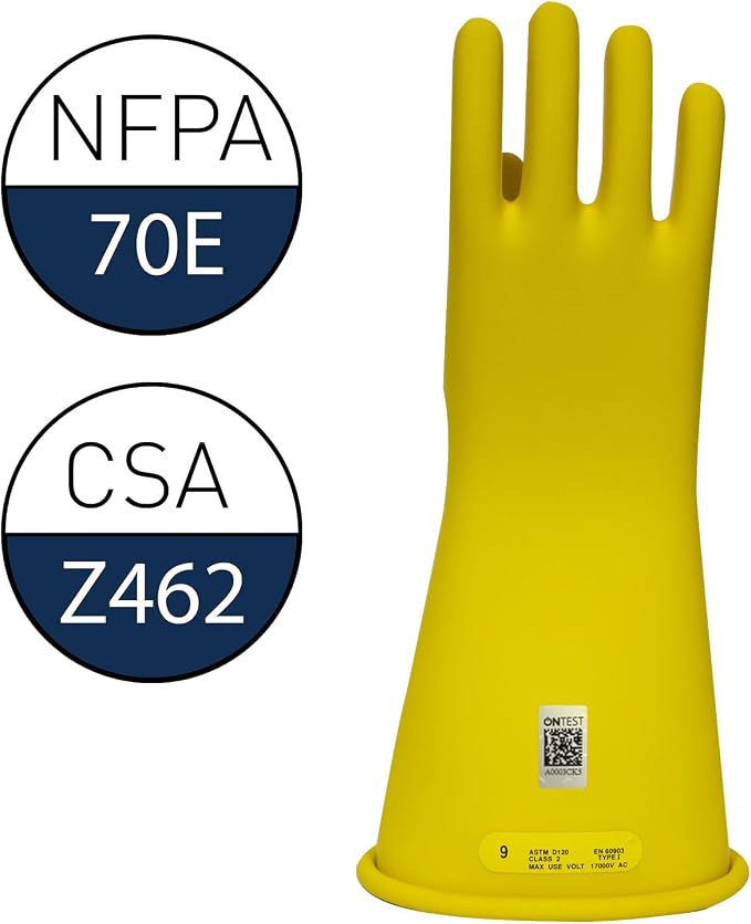 Enespro Class 2 Yellow Rubber Voltage Insulating Gloves, Max. Use Voltage 17000V AC/25500V DC, GC2Y08