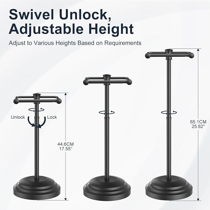 Bathroom Toilet Paper Holder Stand, Matte Black Toilet Paper Holder Free Standing, Stainless Steel Pivoting Toilet Tissue Roll Holder，Adjustable Height (14 to 24 Inch) Paper Holder