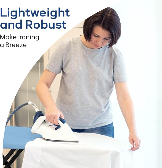 RAINHOL Compact Ironing Board Full Size 43x13 with Extra Thick Padded Cover, Height Adjustable Iron Board with Hanger, Easy to Fold Space Saver Design for Dorm Apartment Small Laundry Rooms, Blue
