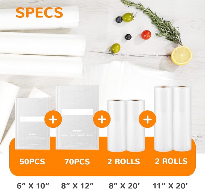 Food saver vacuum sealer bags rolls, Multiple Sizes, Box Storage,Less Waste | 2 Rolls 11''x20', 2 Rolls 8''x20'|Quart 8''x12''70pcs, Pint 6''x10''50pcs Precut Bags, Microwavable, Freezable, Sous Vide