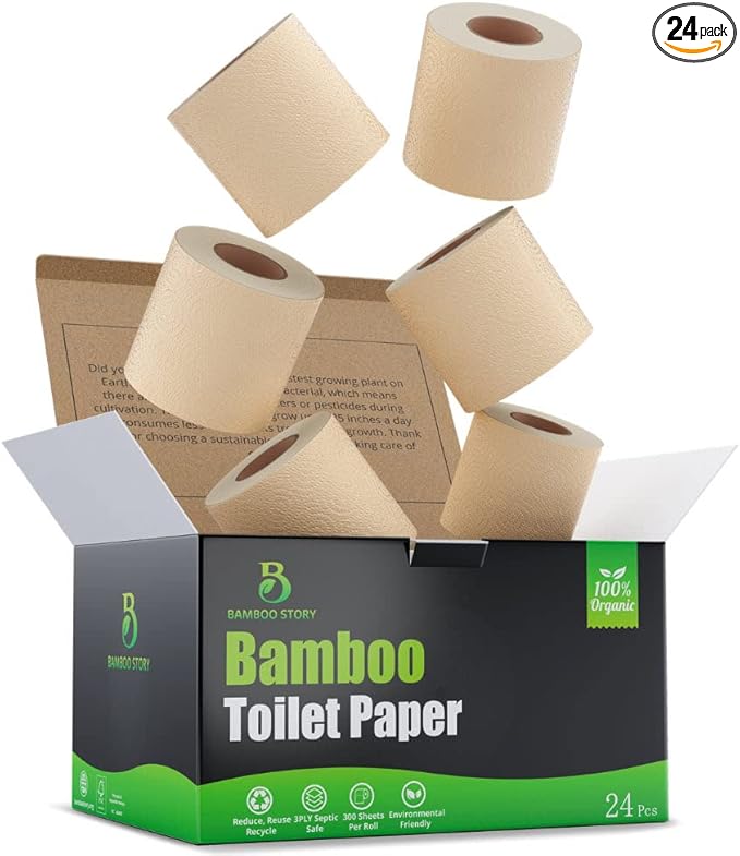 Bamboo Story, Bamboo Toilet Paper Unbleached, 24 Rolls, 3 Ply and 300 Sheets Bamboo Toilet Tissue - FSC Certified, Biodegradable, Chemical Free, Plastic Free, BPA Free, Septic Safe Toilet Paper