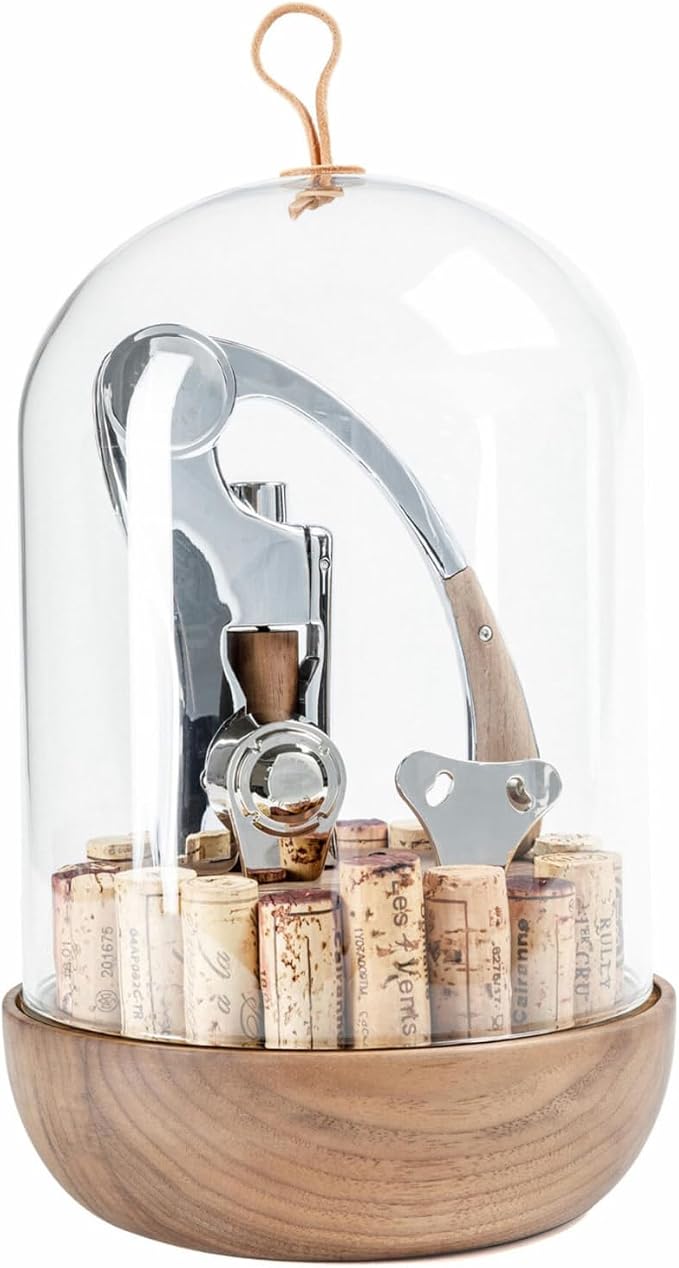 L'atelier Du Vin Oeno Motion Groom Corkscrew & Cork Dome Glass Cloche Display - Tabletop Centerpiece Walnut Wood Base Wine Tasting, Luxury Sommelier Gift Set, Wine Bottle Opener Designed In France