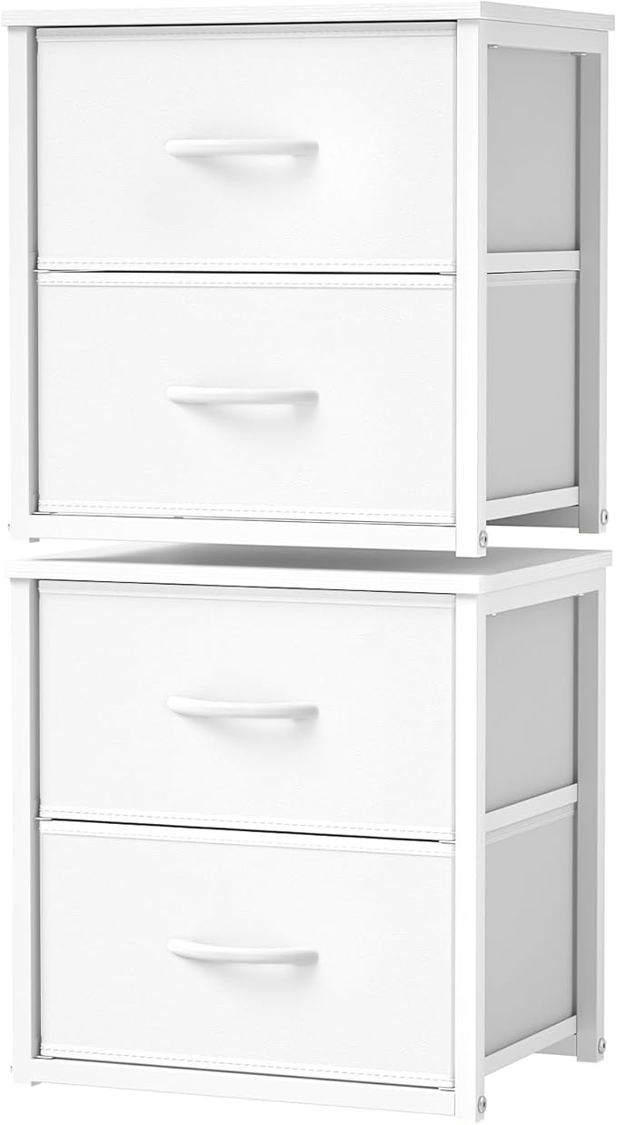 DAOUTIME 2-Pack Stackable Storage Drawers (4 Drawers Total), White Closet Organizer with Wooden Top & Metal Frame, Freestanding or Stackable Dresser for Bedroom, Living Room, Under Bed