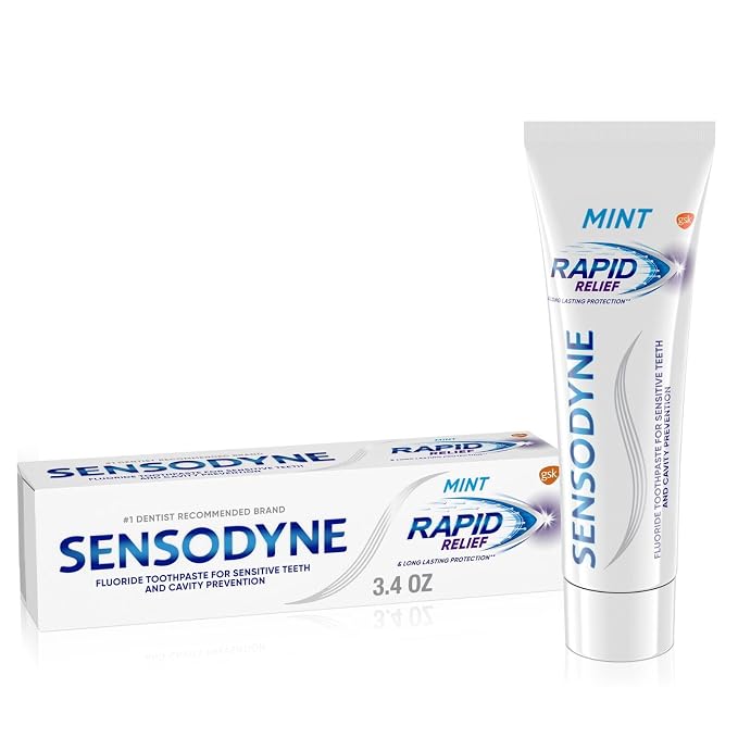 Sensodyne Rapid Relief Toothpaste for Sensitive Teeth, Mint with Fluoride, Adult Sensitive Toothpaste for Painful Teeth and Gums, Long Lasting Protection, 3.4 oz (Pack of 3)
