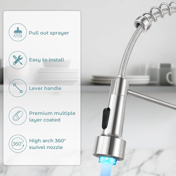 Kitchen Faucet with LED Pull Down Sprayer,Commercial Single Handle Stainless Steel Kitchen Faucets with Deck Plate (Brush Nickel)