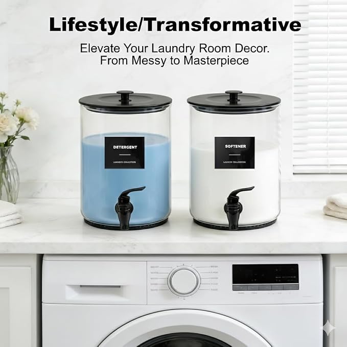 Glass Laundry Detergent Dispenser for Laundry Room Organization-2 Black | 1 Gallon Large Liquid Soap Dispenser with Black Metal Lid & Leak-Proof Spigot, 2 Measured Cups, 2 Silicone Mats & 9 Labels